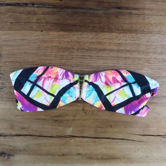 B SWIM BLACK PINK & PURPLE ABSTRACT PRINT BANDEAU SWIM TOP SIZE MEDIUM - Picture 1 of 8